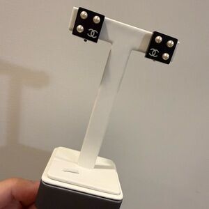 CHANEL Black and Cream Logo Earrings